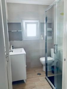 a bathroom with a toilet and a sink and a shower at Apartamento Delfin - Punta Umbria in Punta Umbría +16 photos