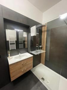 La salle de bains est pourvue d'un lavabo et d'une douche. dans l'établissement La Casa di Teresa, à Borgagne