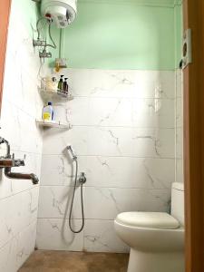 La salle de bains est pourvue de toilettes et d'une douche. dans l'établissement Nyla homestay Naharlagun, à Bacha