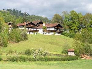 uma casa grande no topo de uma colina verde em SIMPLY-THE-BEST-Ferienwohnung-mit-Pool-Sauna-Schwimmbad-bis-6-Personen em Hauzenberg