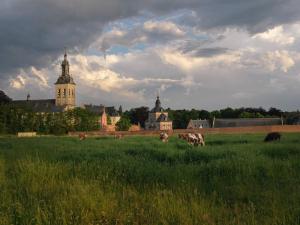 eine Gruppe Kühe, die auf einem Feld mit einem Schloss weiden in der Unterkunft Feel at home in Leuven in Löwen