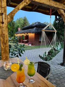 una mesa de madera con 2 bebidas y una hamaca en Gościniec Joanna, en Rajgród