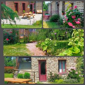 un collage de photos d'un jardin avec une porte rouge dans l'établissement La Valette, à Ménil-Hubert-sur-Orne