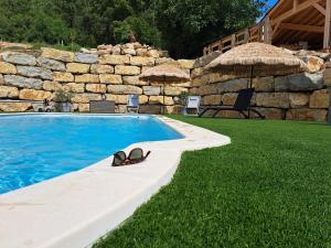 a pair of sandals sitting next to a swimming pool at Le Repère du Loup in Malbosc