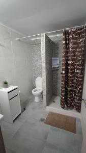 a bathroom with a toilet and a shower curtain at MyrillasHome in Lefkímmi