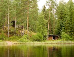 une cabine dans les bois à côté d'une nappe d'eau dans l'établissement Rantasaunallinen yksiö, à Virrat