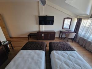 a room with two beds and a tv and a desk at Vinarija Aleksandrović Rooms in Topola