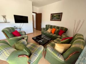 uma sala de estar com dois sofás e uma televisão em Leo Apartment em Përmet
