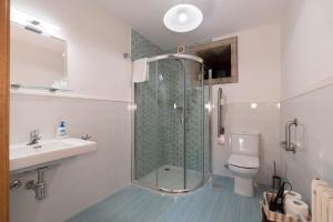 uma casa de banho com um chuveiro, um lavatório e um WC. em Casa rural completa Río Sarela em Santiago de Compostela