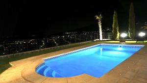 una piscina por la noche con una palmera en VILLA LUXURY LOS ANGELES, en El Espinar