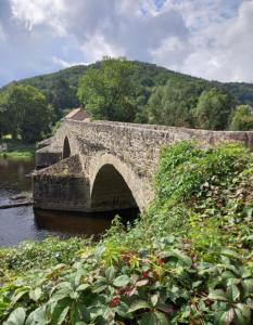 un viejo puente de piedra sobre un río con árboles en Maison vue superbe, 1-6 pers, Teilhet, Auvergne, en Teilhet