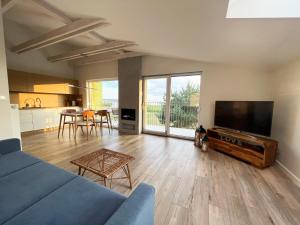 a living room with a blue couch and a flat screen tv at Apartamenty Pod Żaglami in Dziwnówek