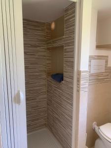 a bathroom with a walk in shower next to a toilet at Villa Pineta in San Menaio