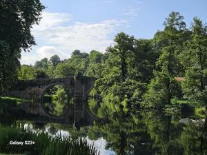 an old stone bridge over a river with trees at Casa Lina VUT OR 000784 in Allariz