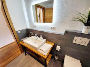 a bathroom with a sink and a mirror at Schickster Mountain Lodge in Unterweidach