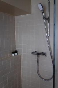 a shower with a shower head in a bathroom at Goethe House in old town Zürich in Zurich