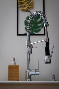 a kitchen counter with a sink with a faucet at Goethe House in old town Zürich in Zurich