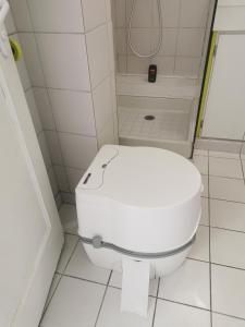 a white toilet in a bathroom with a shower at l'atelier in Parnes
