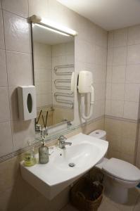 y baño con lavabo, aseo y espejo. en ALKA apartaments, en Palanga