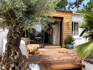 a wooden deck with a tree in front of a house at LOCATIONS NOS ILES in Saint-Jean-de-Monts