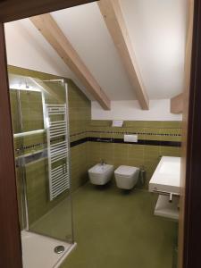 La salle de bains est pourvue d'une douche, d'un lavabo et de toilettes. dans l'établissement Viridis Hotel, à Revò