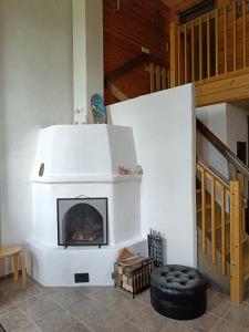 a living room with a fireplace in a house at VILLA OLGA in Tahkovuori