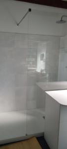 uma casa de banho branca com um lavatório e uma parede de vidro em logement entier 5 personnes em Irissarry