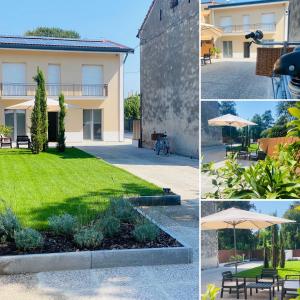 a group of four pictures of a yard with an umbrella at Sul VenTo del Po in Melara