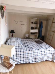 ein Schlafzimmer mit einem Bett mit einer karierten Decke in der Unterkunft chambre d’hôte naturiste ou pas in Miniac-Morvan