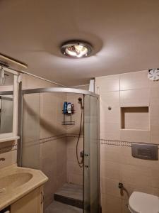 uma casa de banho com um chuveiro e uma porta de vidro em Modern Studio Apartment with Garden em Ayvalık