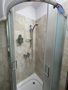 a shower with a glass door in a bathroom at Casa Maria Izvorul Muresului in Izvoru Mureşului