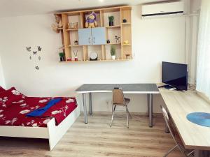 ブカレストにあるStudio Ianisのベッドルーム1室(デスク、ベッド1台、テーブル付)