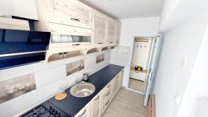 a small kitchen with a sink and a counter at Belle Apartments - Central in Piteşti +7 photos