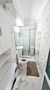 Baño blanco con aseo y lavamanos en Belle Apartments - Central, en Piteşti