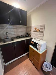 a small kitchen with a sink and a microwave at شاليه بورتو مارينا على البحر in El Alamein