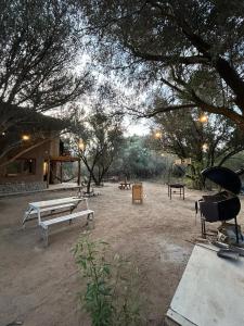 un parque con bancos, mesas y árboles en Casa corazon en San Marcos Sierras
