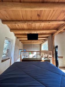 1 dormitorio con 1 cama con techo de madera en Casa corazon en San Marcos Sierras