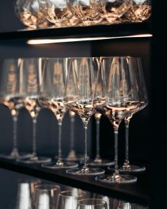uma fila de copos de vinho numa prateleira em Villa Weingarten em Caldaro