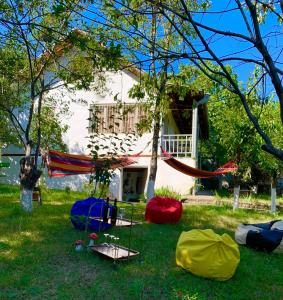 a hammock in the grass in front of a house at Villa Bubi in Tbisi