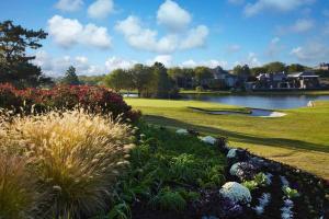 a view of a golf course with a pond and flowers at Luxury and Cute Home in Irving 4 bedrooms,5 beds in Irving