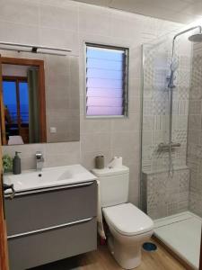 uma casa de banho com um WC, um lavatório e um chuveiro em Costamar playa arenales del sol em Arenales del Sol