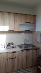 a kitchen with wooden cabinets and a sink at Family apartment Tara in Mojkovac