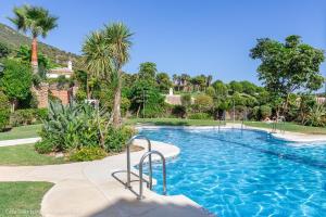 een zwembad in een tuin met palmbomen bij Casa Saar Luxury Alhaurin Golf in Alhaurín el Grande