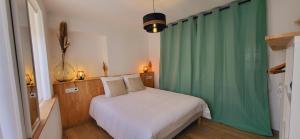 um quarto com uma cama com uma cortina verde em Gîte Pontors'home Mont Saint-Michel em Pontorson