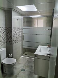 y baño con aseo, lavabo y ducha. en Apartamentos La Encarnación I, en Los Alcázares