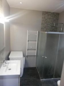 La salle de bains est pourvue d'une douche, de toilettes et d'un lavabo. dans l'établissement جنان الحمامات اقامة, à Hammamet
