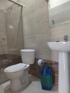 ein Bad mit einem WC und einem Waschbecken in der Unterkunft Finca El Remanso in Acacías