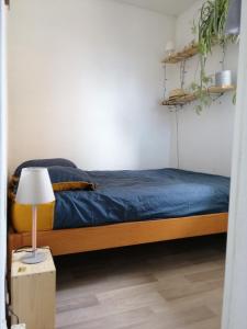 1 dormitorio con 1 cama con sábanas azules y lámpara en Appartement au pied des dunes, en Seignosse