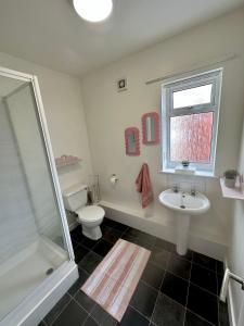 uma casa de banho com um WC, um lavatório e um chuveiro em Blackpool Rocks Pleasure Beach em Blackpool