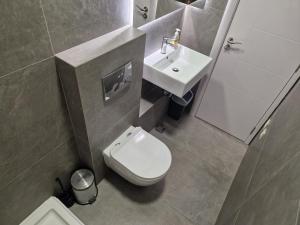 bagno con servizi igienici bianchi e lavandino di Jacuzzi Vaki Apartment a Belgrado